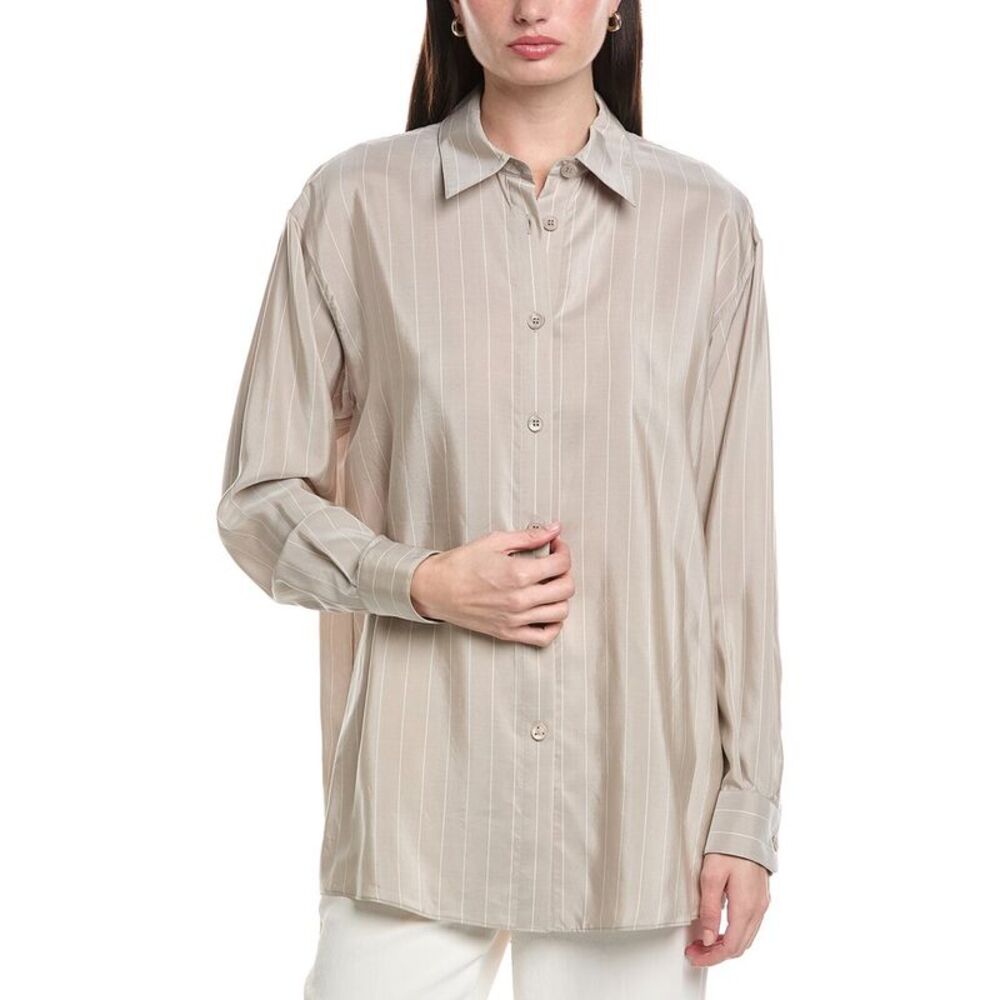 Lafayette 148 New York Womens  Boyfriend Oversized Silk Shirt, Brown